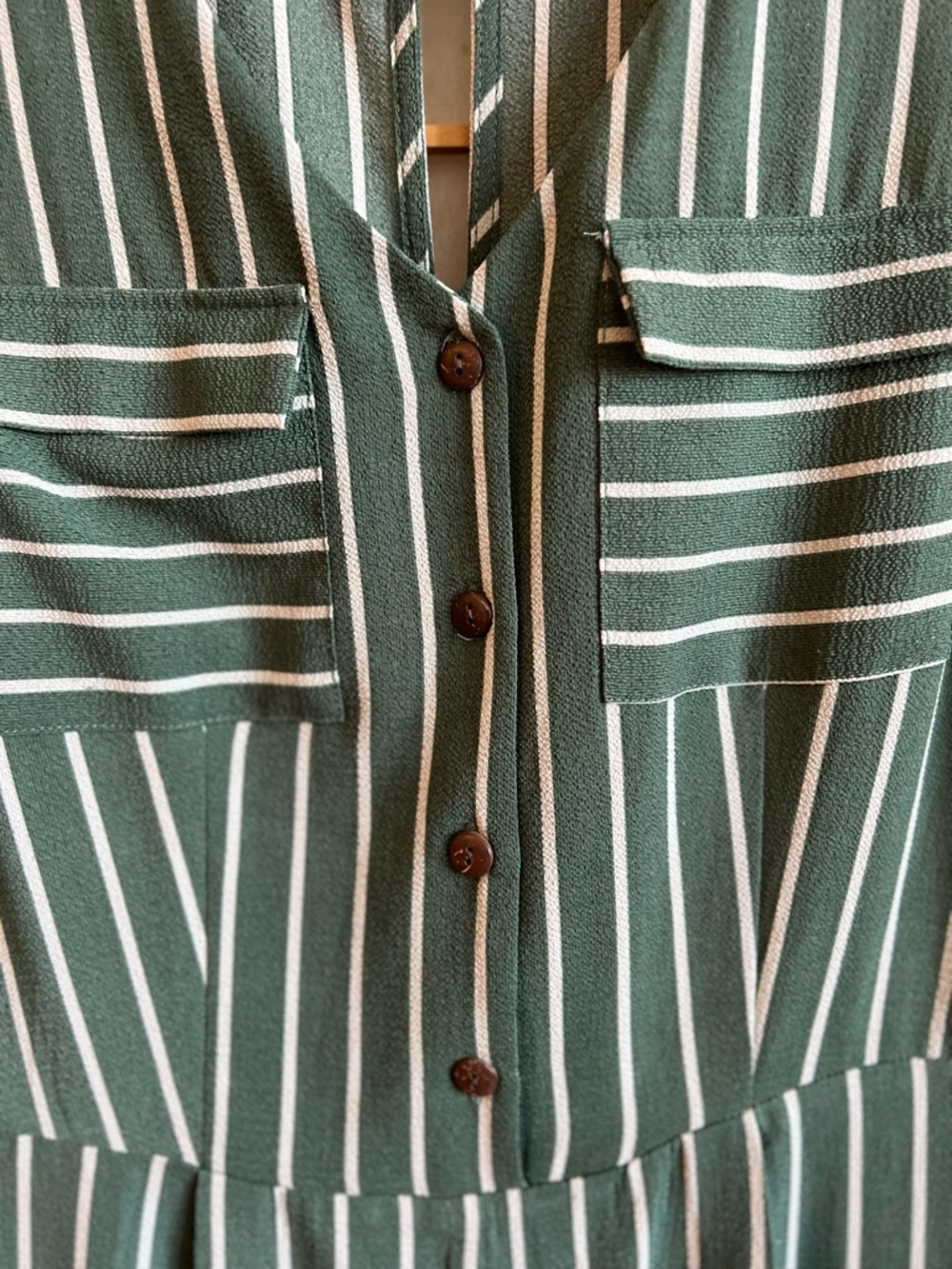 Monteau Green Striped Jumpsuit Medium Sleeveless Wide Leg Button Front Pockets - Picture 6 of 13